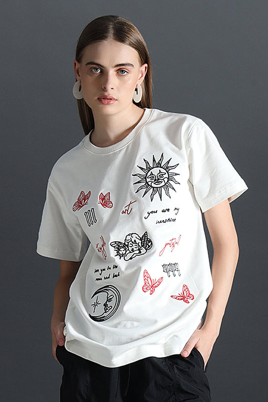 SUN AND MOON ART RELAXED FIR EMBROIDERD T-SHIRT