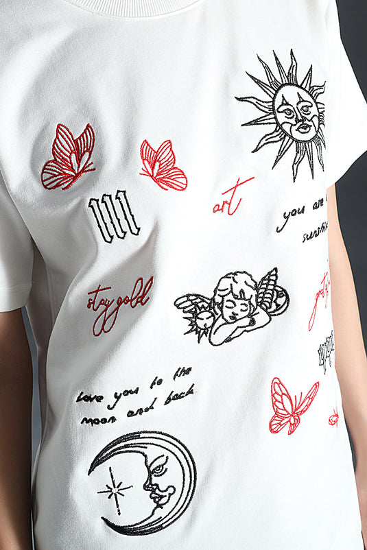 SUN AND MOON ART RELAXED FIR EMBROIDERD T-SHIRT